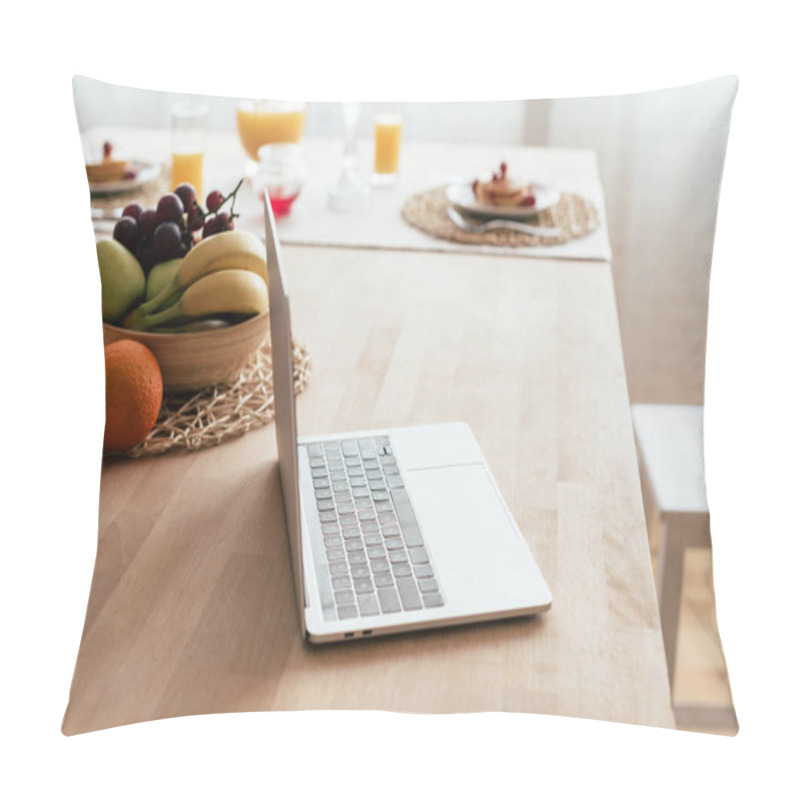 Personality  Laptop And Bowl With Fresh Fruits On Table In Kitchen Pillow Covers