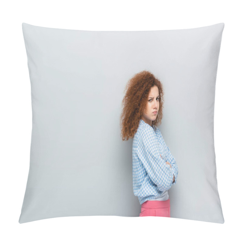 Personality  Offended Woman Puffing Cheeks While Standing With Crossed Arms On Grey Background Pillow Covers