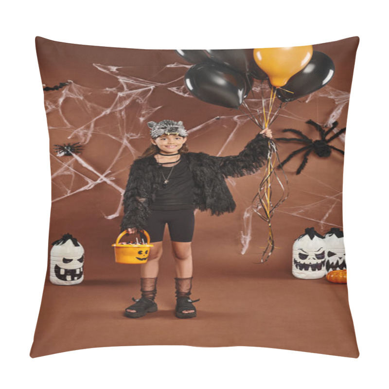 Personality  Smiley Girl Holds Black And Orange Balloons And Bucket With Sweets, Halloween Concept Pillow Covers