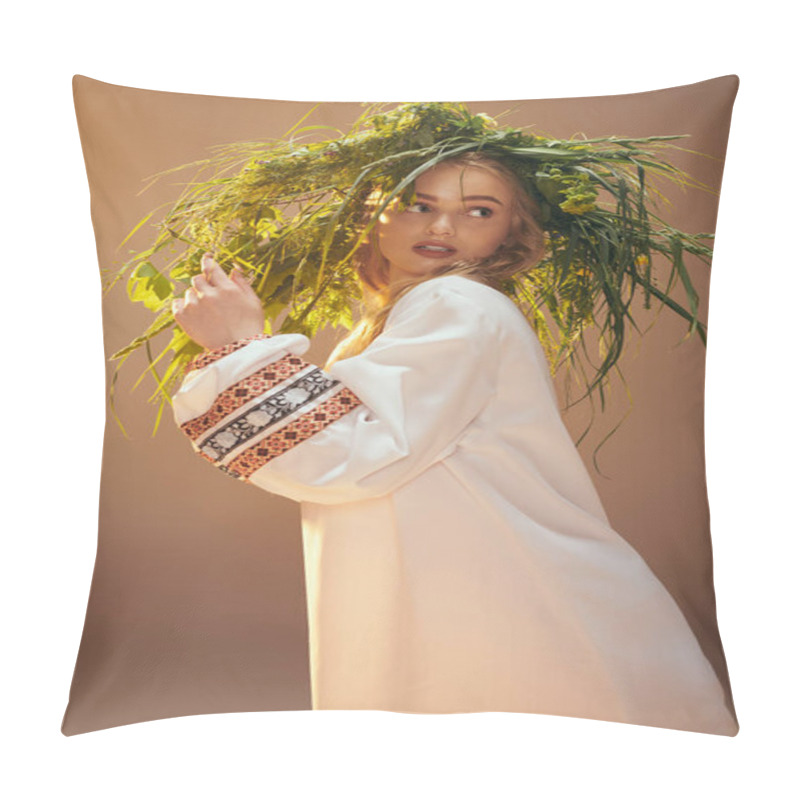 Personality  A Young Mavka Adorned In An Ornate Wreath, Embracing A Fairy And Fantasy Aura In A Studio Setting. Pillow Covers