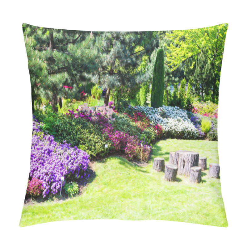 Personality  BIELSKO BIALA, POLAND - MAY 16: Well Kept Garden With Azalea And Rhododendrons And Old Wood As Table And Chairs In Bielsko Biala, Poland On May 16, 2015. Pillow Covers