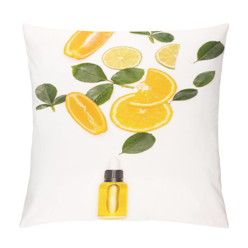 Personality  Bottle Of Citrus Essence Near Orange Slices And Rose Leaves On White Surface Pillow Covers