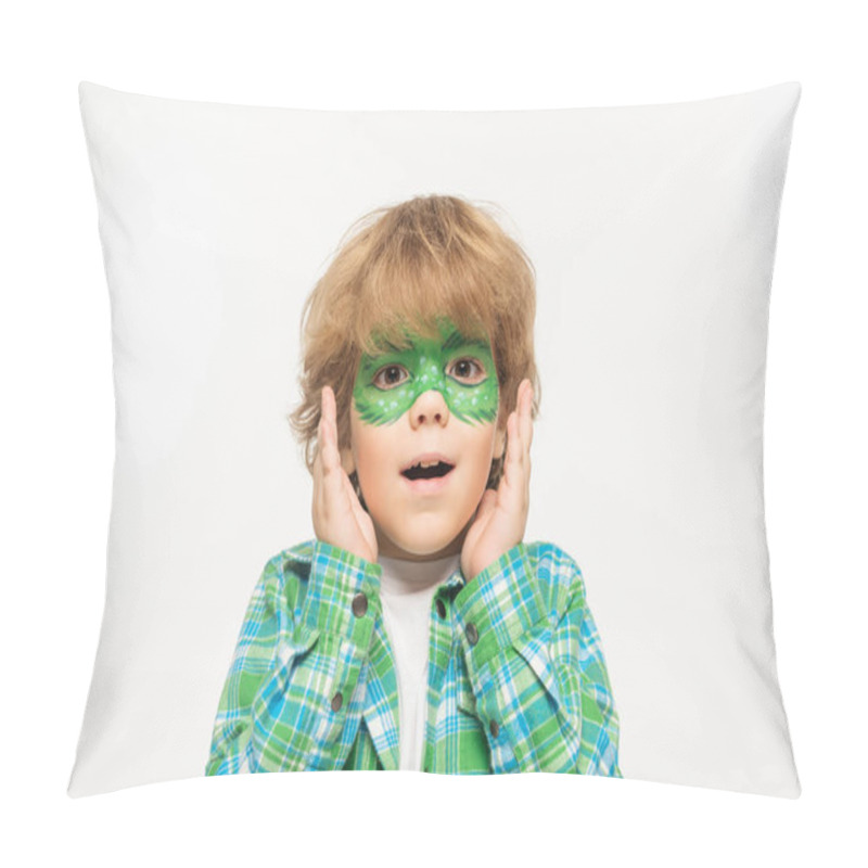 Personality  Surprised Boy With Gecko Mask Painted On Face Holding Hands Near Face While Looking At Camera Isolated On White Pillow Covers