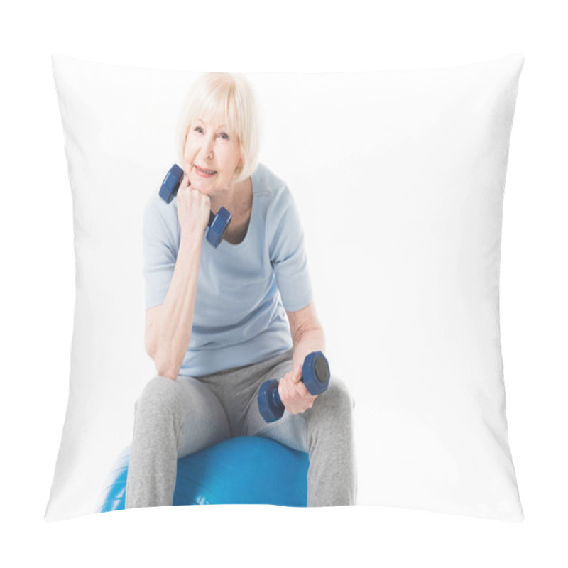 Personality  Senior Sportswoman Sitting On Fitness Ball With Dumbbells In Hands Isolated On White Pillow Covers