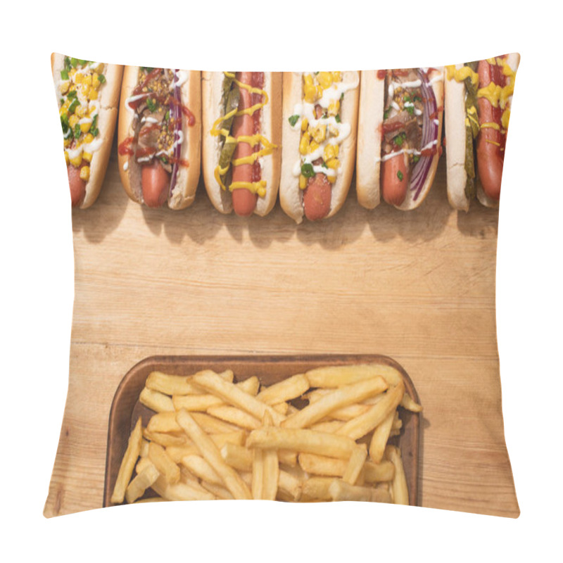 Personality  Top View Of Various Delicious Hot Dogs With Vegetables And Sauces Near French Fries On Wooden Table Pillow Covers