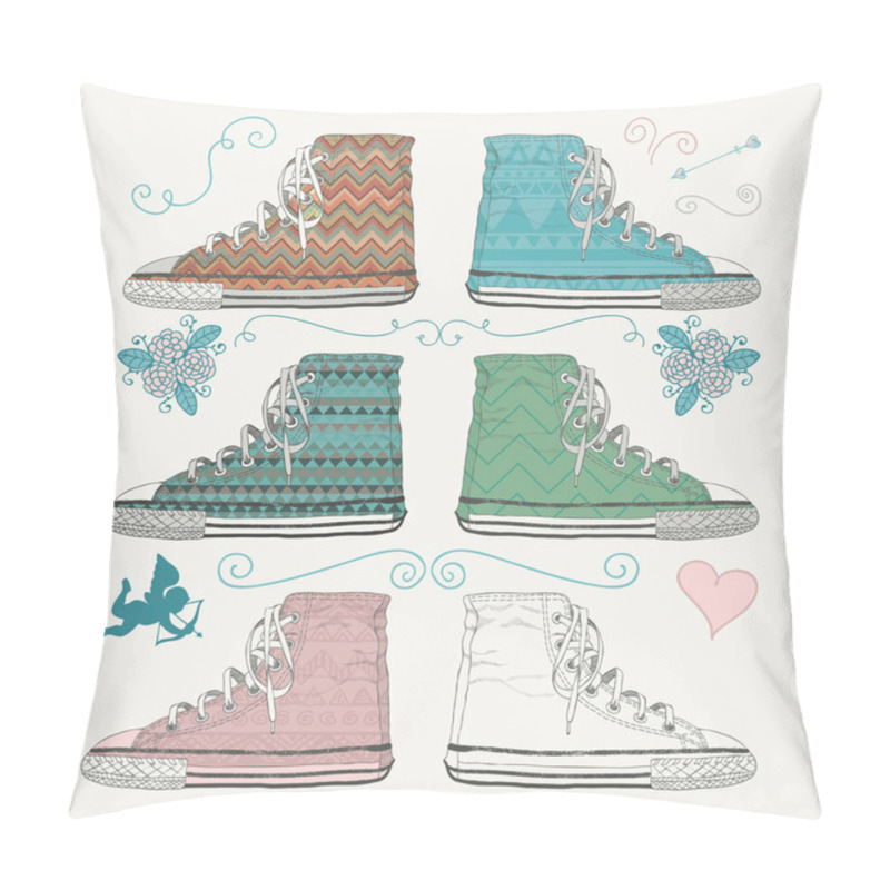 Personality  Variations Of Sketched Sneakers. Vector Illustration. Pillow Covers