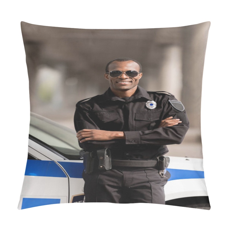 Personality  Smiling African American Police Officer With Crossed Arms Leaning Back On Car And Looking At Camera Pillow Covers