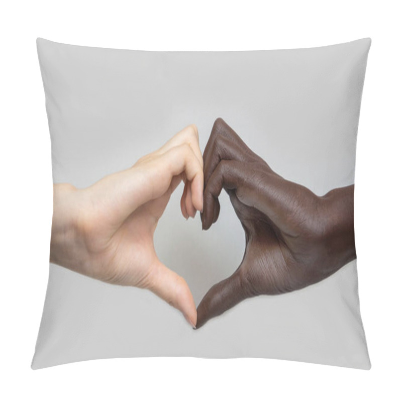 Personality  Black And White Heart-shaped Hands On A Grey Isolated Background. The Concept Of Inter-racial Friendship And Respect, The Fight Against Racism. Pillow Covers