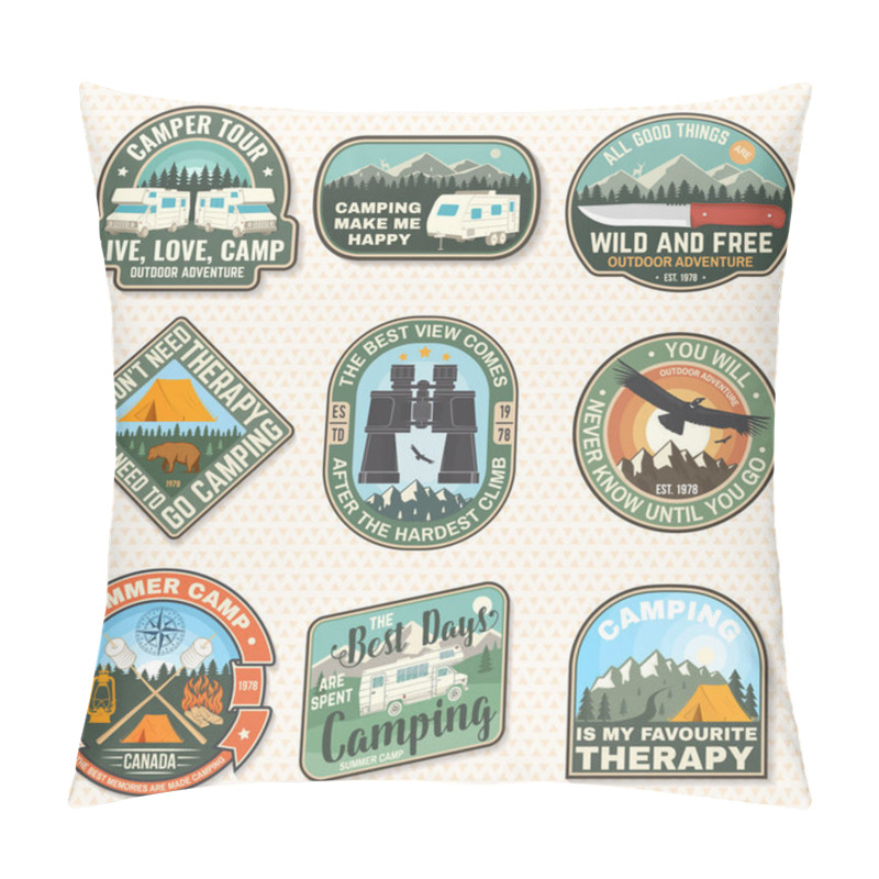 Personality  Set Of Rv Camping Badges, Patches. Vector. Concept For Shirt Or Logo, Print, Stamp Or Tee. Vintage Typography Design With RV Motorhome, Camping Trailer And Off-road Car Silhouette. Pillow Covers