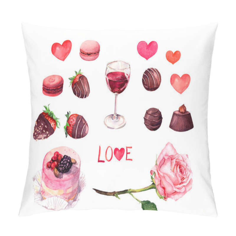 Personality  Watercolor Set For Valentine Day. Strawberry In Chocolate, Candies, Pink Rose Flower, Cake, Wine Glass, Hearts, Macaroons. Romantic Elements Bundle For Save Date Card Pillow Covers