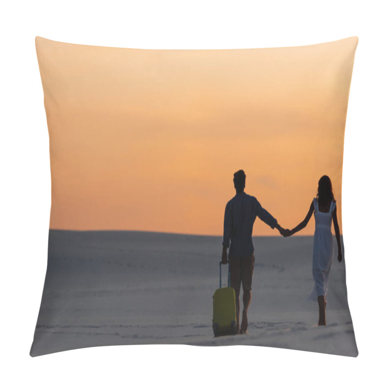 Personality  Back View Of Couple Walking On Beach While Holding Hands With Travel Bag At Sunset Pillow Covers