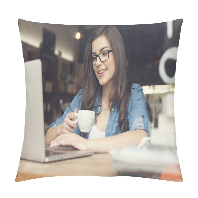 Personality  Hipster Woman Using Laptop Pillow Covers