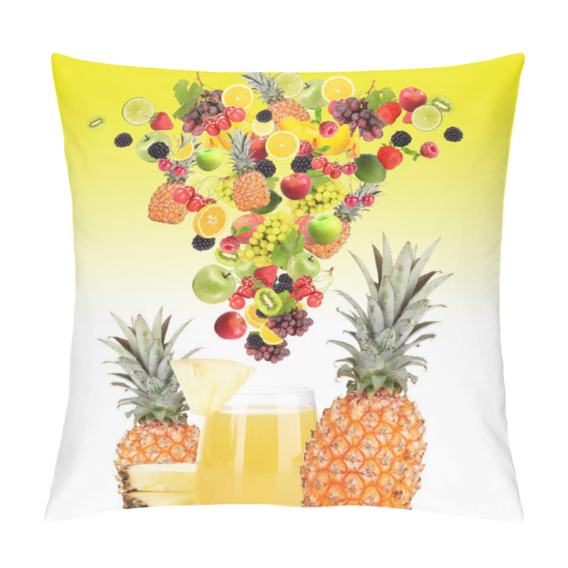 Personality  Diffferent Fruits And Berries Falls Into Glass Of Fresh Juice, On Yellow Background Pillow Covers