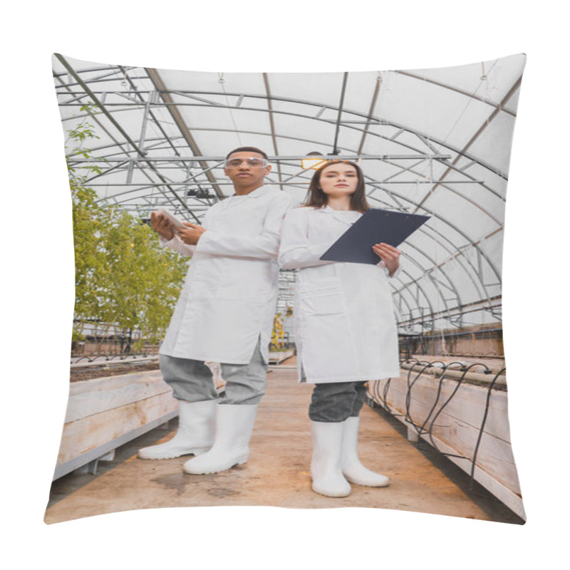 Personality  Low Angle View Of Multiethnic Botanists Holding Digital Tablet And Clipboard In Greenhouse  Pillow Covers