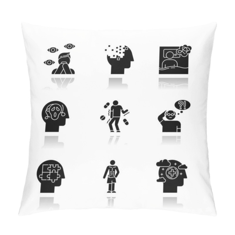 Personality  Mental Disorder Drop Shadow Black Glyph Icons Set. Paranoia, Psychosis. Amnesia, Insomnia. Tardive Dyskinesia. Alzheimer Disease. Autism. Anorexia. Anxiety, Depression. Isolated Vector Illustrations Pillow Covers