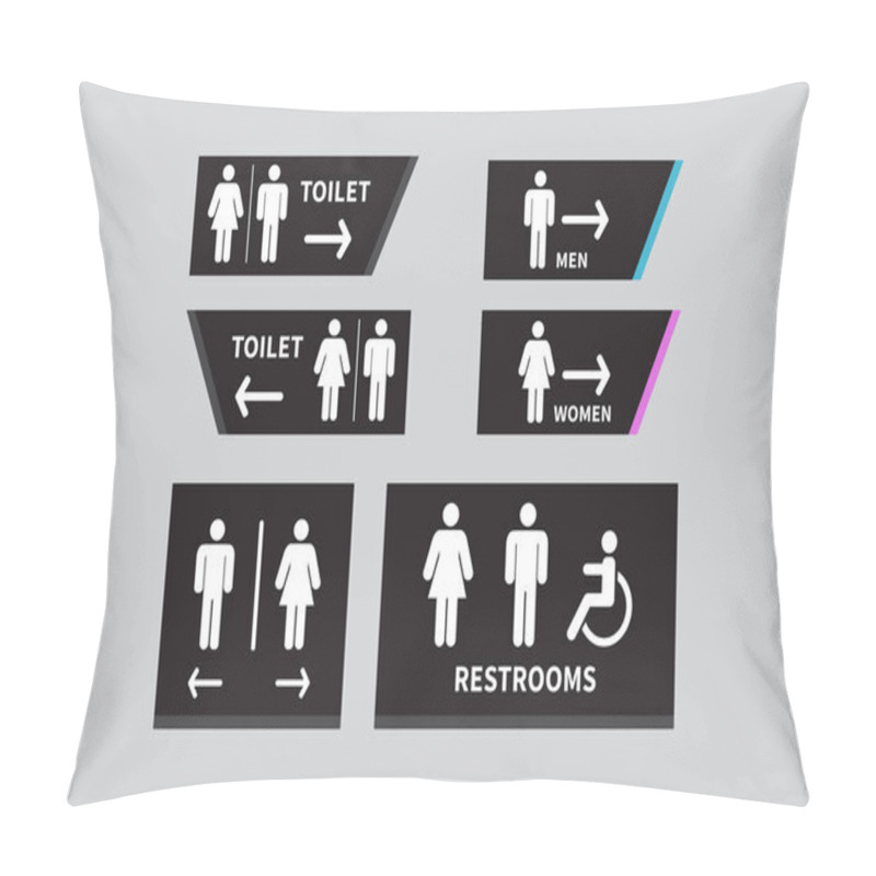 Personality  Set Toilet Signs. Men And Women Restroom Icon Sign Right Arrow. Disabled Wheelchair Icon. Vector Illustration Pillow Covers