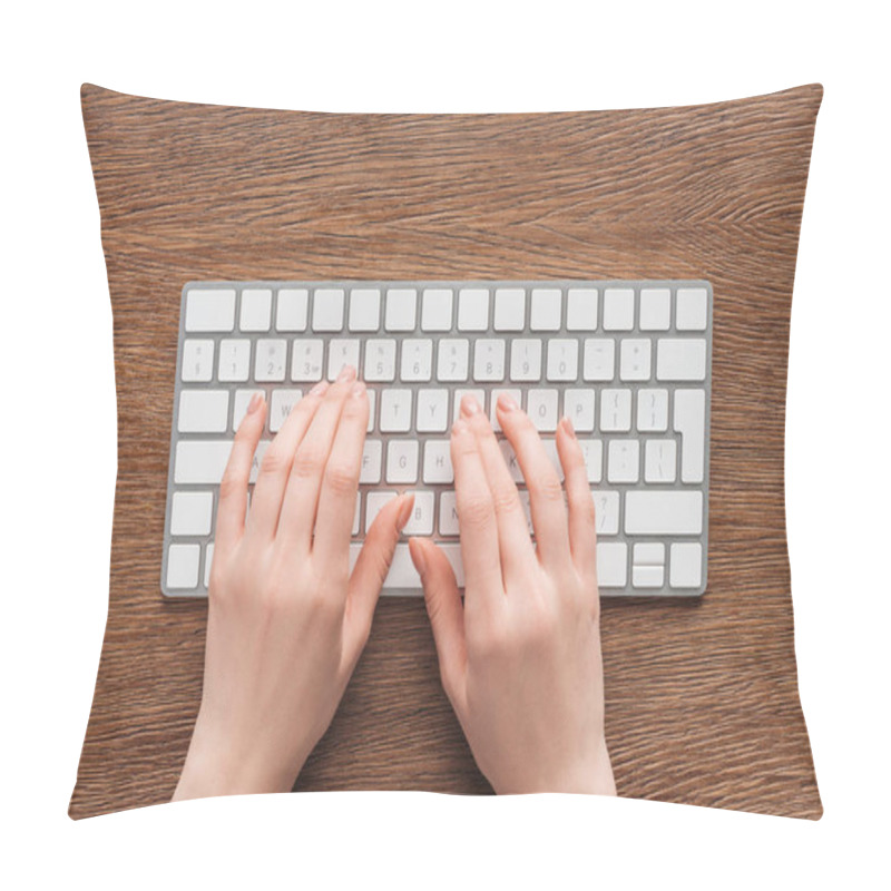 Personality  Partial View Of Woman Typing On Keyboard On Wooden Background Pillow Covers