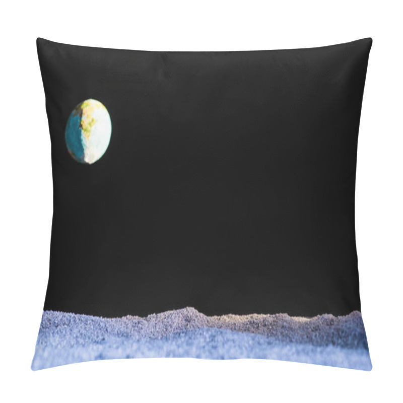 Personality  Sandy Ground With Blurred Planet Earth In Space Isolated On Black Pillow Covers