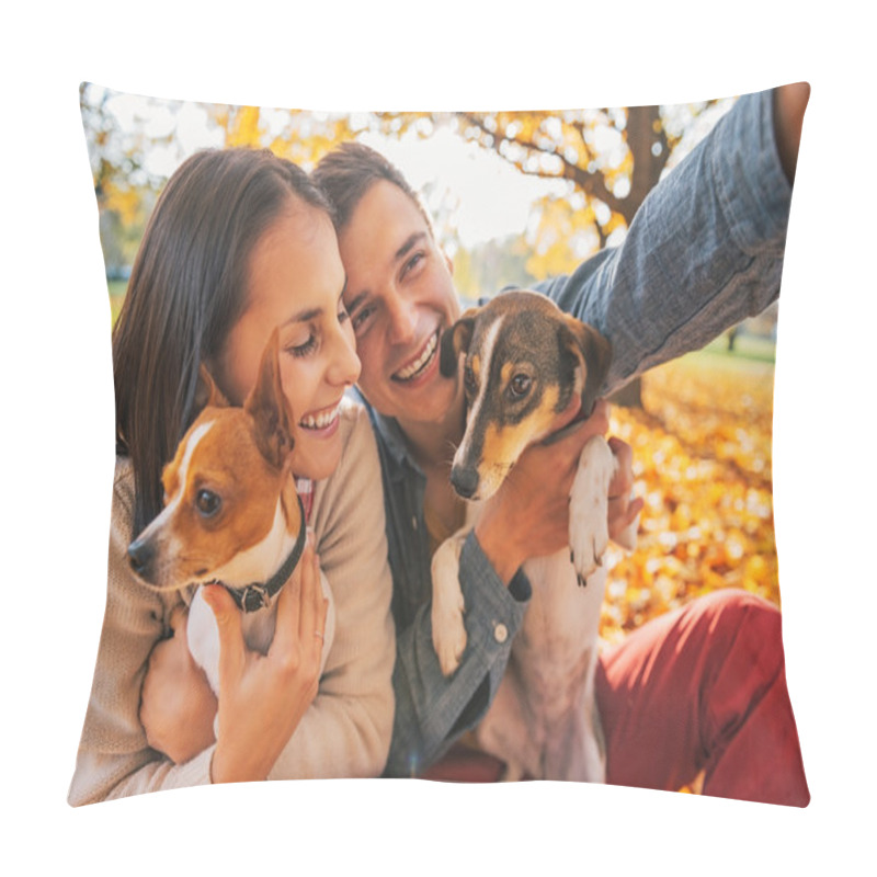 Personality  Smiling Young Couple With Dogs Outdoors In Autumn Park Making Se Pillow Covers