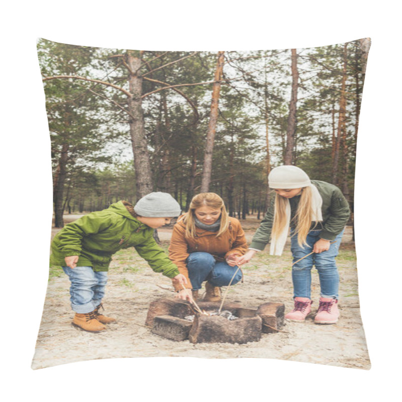 Personality  Mother And Kids Making Bonfire Pillow Covers