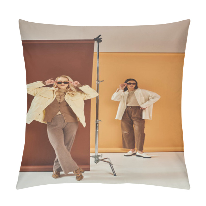 Personality  Fall Season, Interracial Women In Sunglasses And Autumn Outerwear Posing On Duo Color Backdrop Pillow Covers