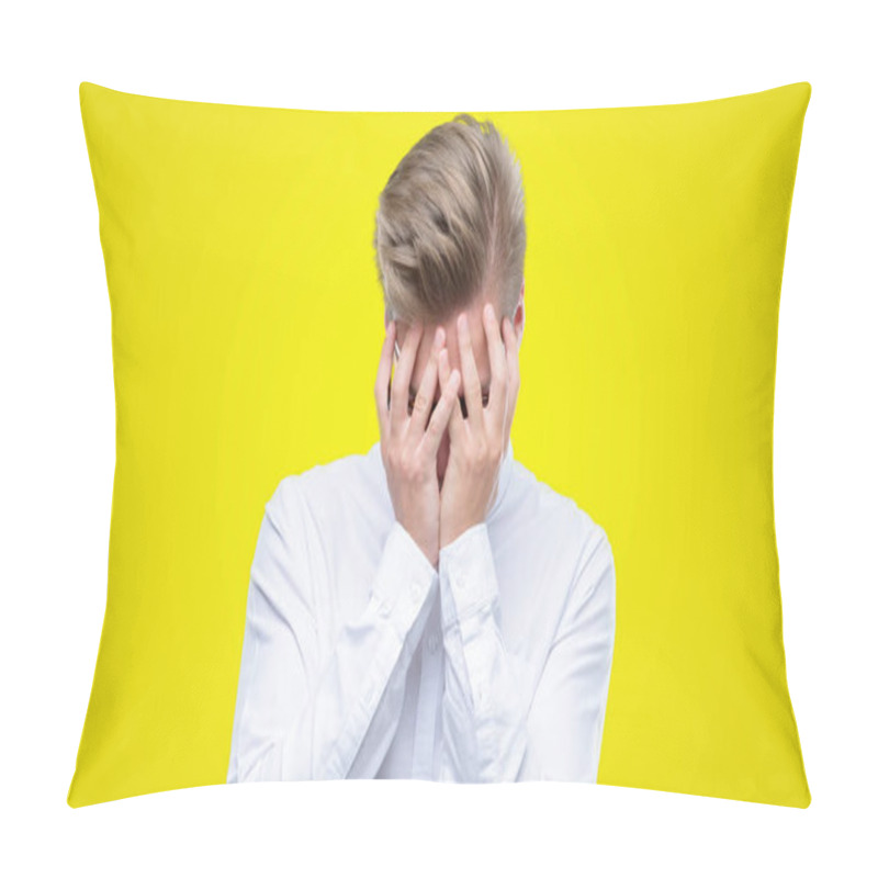 Personality  Young Handsome Blond Man With Sad Expression Covering Face With Hands While Crying. Depression Concept. Pillow Covers