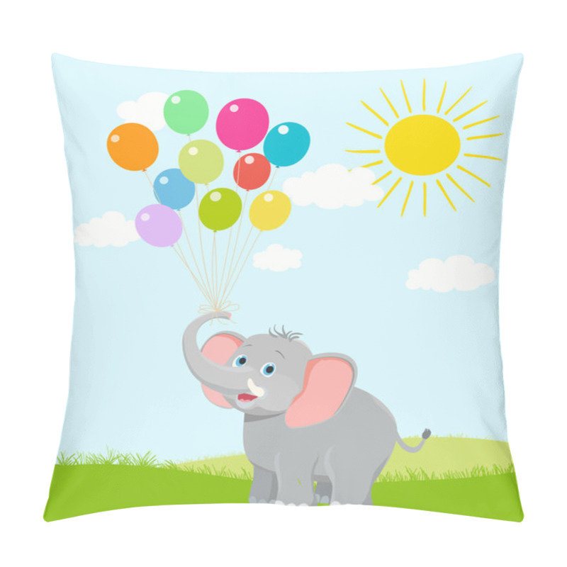 Personality  Baby Elephant With Balloons, Clouds And Sun. Vector Cartoon. Hap Pillow Covers