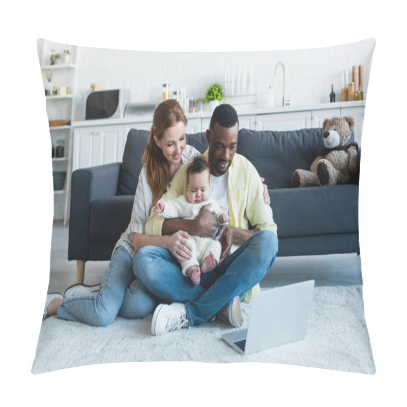 Personality  Multicultural Parents With Baby Girl Watching Movie On Laptop On Floor Pillow Covers