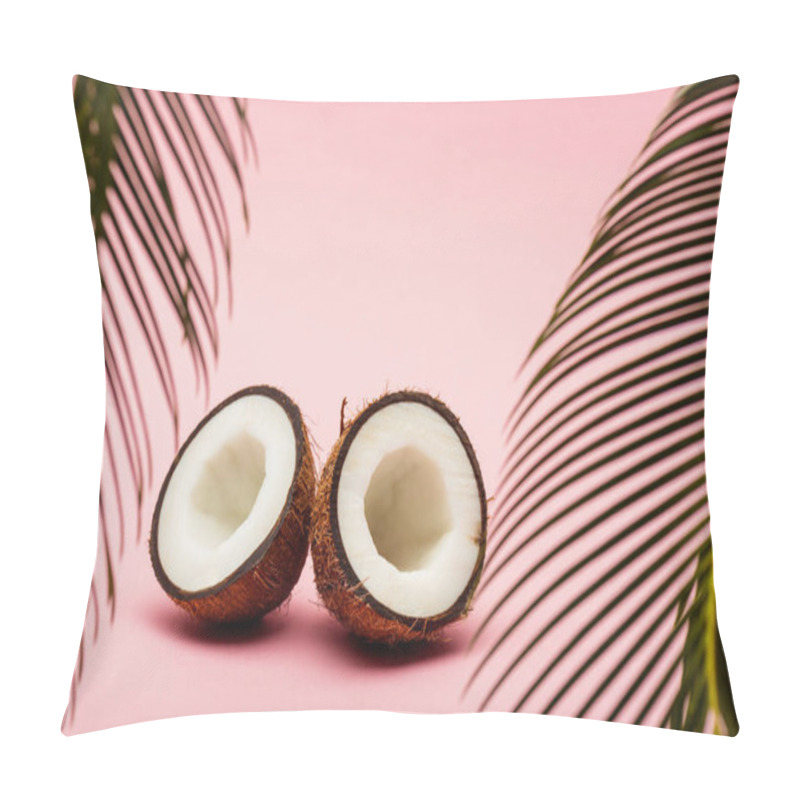 Personality  Selective Focus Of Green Palm Leaves And Fresh Coconut Halves On Pink Background Pillow Covers