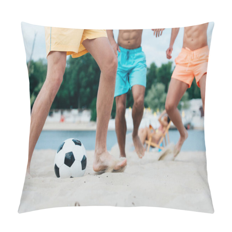 Personality  Cropped View Of Young Multicultural Men Playing Football On Beach Pillow Covers