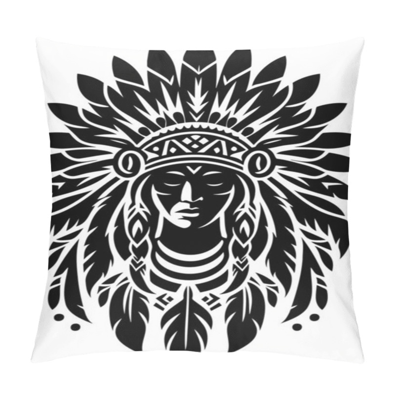 Personality  Native American Headdress With Intricate Feather Patterns In Stencil Vector Illustration Pillow Covers