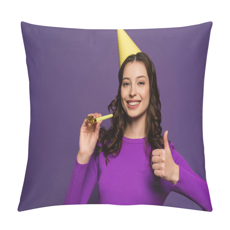 Personality  Happy Girl In Party Cap Holding Party Horn And Showing Thumb Up On Purple Background Pillow Covers