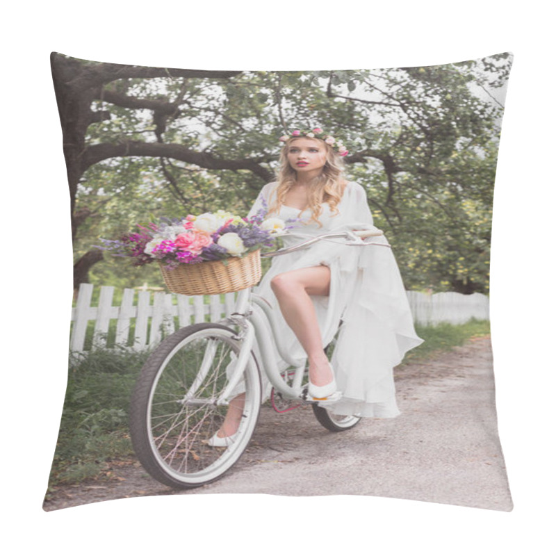 Personality  Beautiful Young Blonde Bride Riding Bicycle With Flower Basket  Pillow Covers