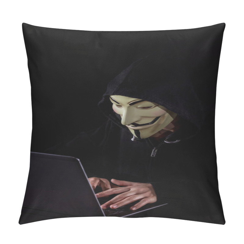 Personality  Trieste, Italy, 08 November 2018. An Indifinited Person With Anonimus Mask And Notebook. Concept Of Informatic Security, Resistance Movement And IT Crime Pillow Covers