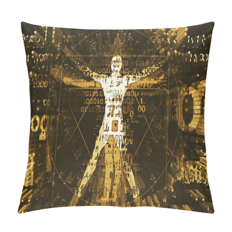 Personality  Vitruvian Man Silhouette In Explosion Of Computer Data.Futuristic Illustration Of Vitruvian Man With A Binary Codes Symbolized Digital Age And System Failure. Pillow Covers