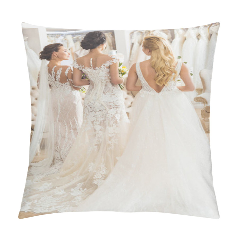 Personality  Rear View Of Brides With Bouquets In Wedding Atelier Pillow Covers