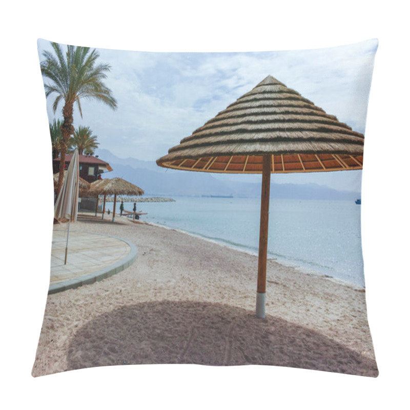 Personality  Beautiful Public Sandy Beaches On Red Sea In Eilat With Stro Umbrellas, Luxury Vacation Spa Resorts In Israel Pillow Covers