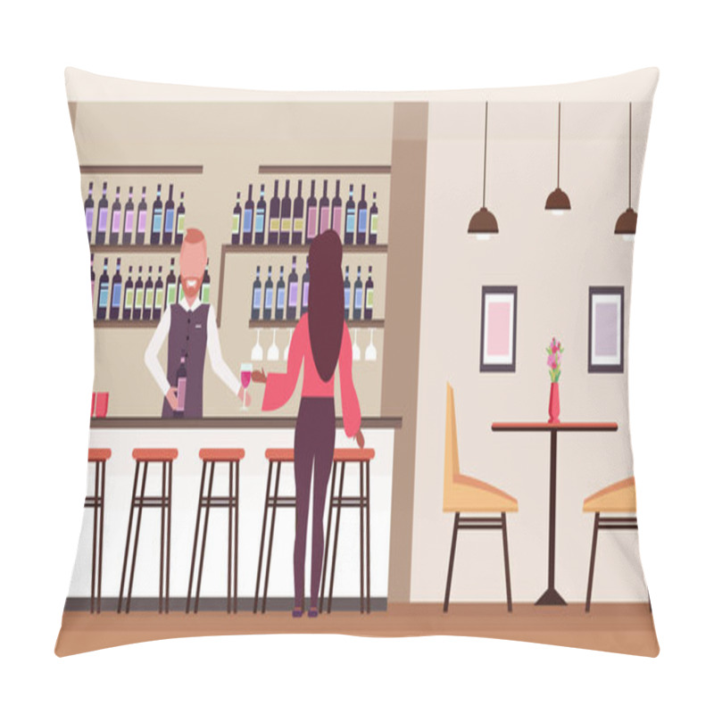 Personality  Woman Standing At Bar Counter Drinking Alcohol Bartender Holding Wine Bottle And Glass Barman Serving Client Modern Restaurant Interior Flat Horizontal Pillow Covers