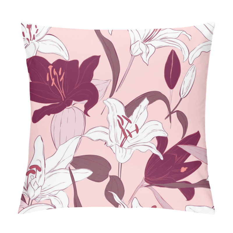 Personality  Pink Lily Seamless Pattern Design. Botanical Hand-drawn Flowers. Summer Bloom, Floral Beauty Decoration, Nature Background Pillow Covers