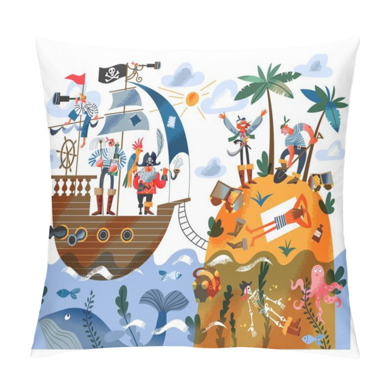 Personality  Pirate Ship Sailing To Island With Sailors Digging Treasure. Captain With Parrot And Sailors On Ship In Sea Or Ocean, Pirates Digging Gold And Money. Adventure And Marine Piracy Vector Illustration Pillow Covers