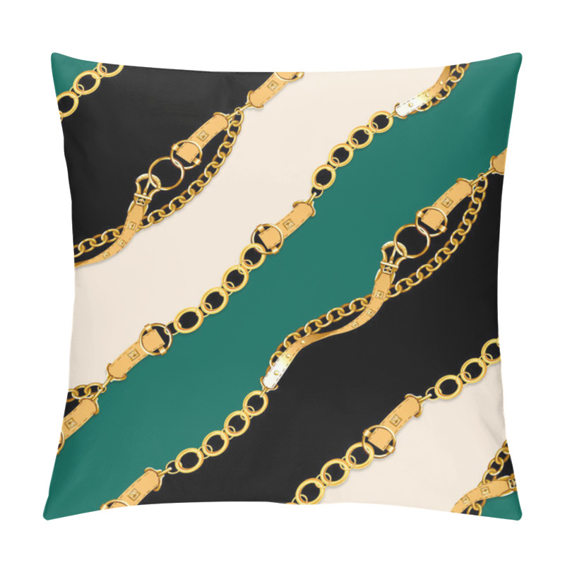 Personality  Seamless Golden Chains And Belts Pattern. Repeat Design. Curved Waves, Chains, DNA. Design For Decor, Fabric, Prints, Textile. With Green And Black Background. Ready For Textile Print. Pillow Covers