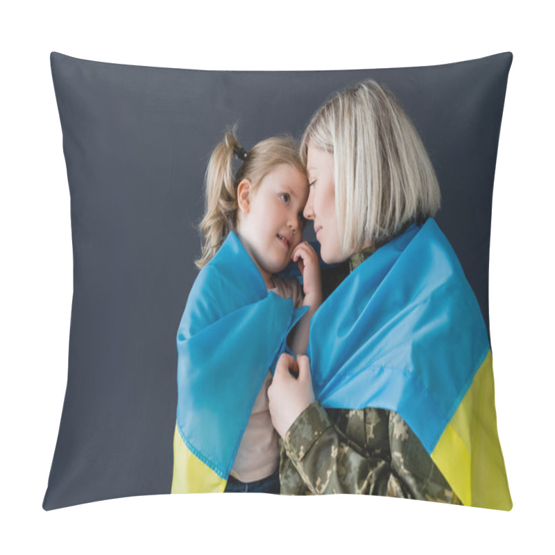 Personality  Military Woman And Little Daughter Covered With Ukrainian Flag Looking At Each Other Isolated On Black Pillow Covers