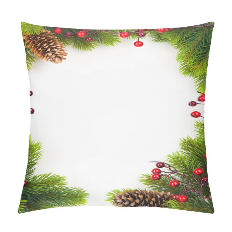 Personality  Christmas Frame With Fir And Holly Berry On Old Paper Background Pillow Covers