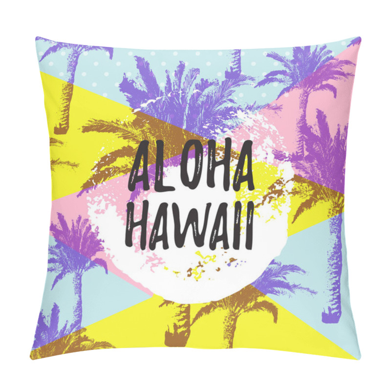 Personality  ALOHA HAWAII Gteeting Banner. Tropical Palm Leaves And Pink Flamingo On Hand Drawn Brush Background. Pillow Covers