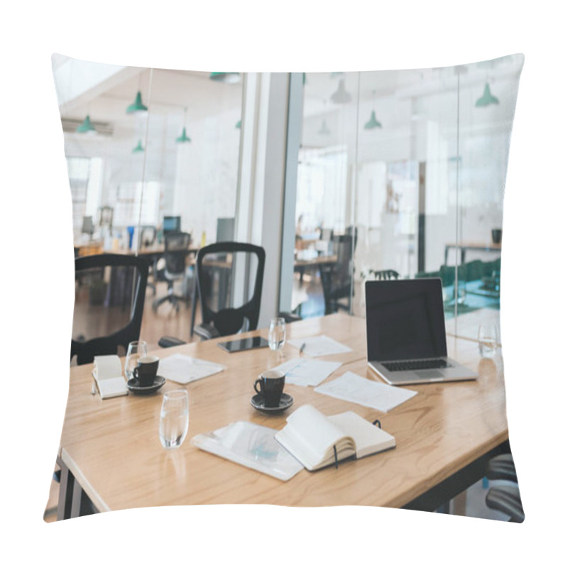 Personality  Interior Of A Modern Office Boardroom Containing A Table And Chairs, Laptop And Office Supplies After A Meeting Pillow Covers