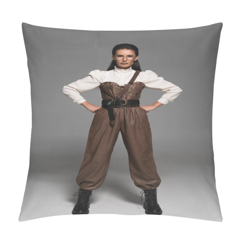 Personality  Full Length View Of Steampunk Woman In Glasses Standing With Hands On Hips On Grey Pillow Covers