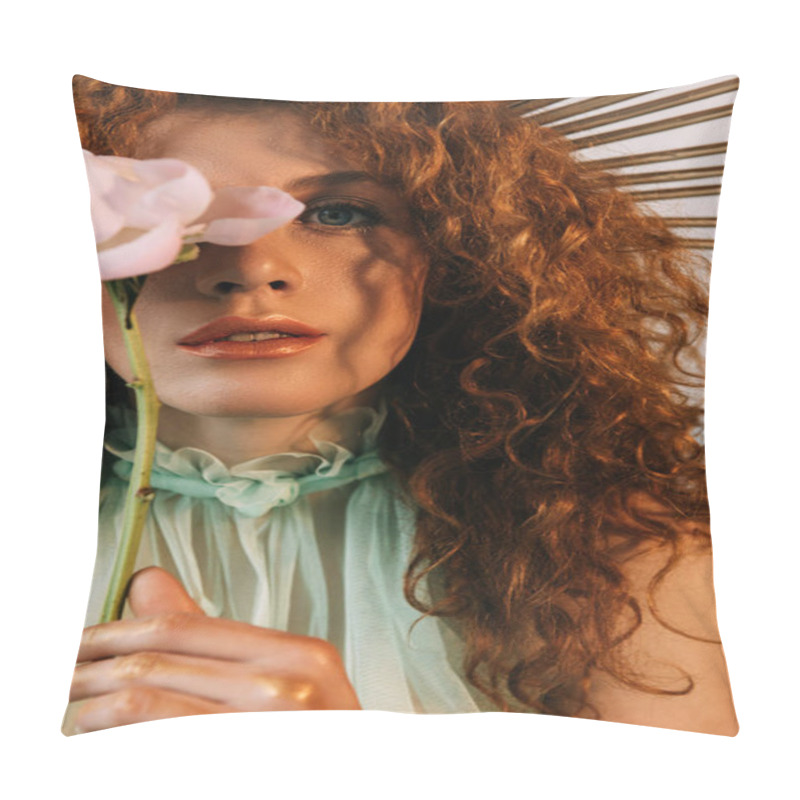 Personality  Beautiful Redhead Girl With Accessory On Head Posing With Flower And Looking At Camera Pillow Covers