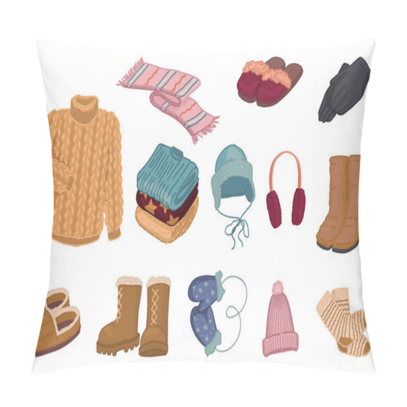 Personality  Set Of Winter Time Attributes. Doodles Of Warm Clothes, Shoes, Hats, Gloves, Accessories. Cartoon Vector Illustrations. Contemporary Clip Arts Collection Isolated On White. Pillow Covers