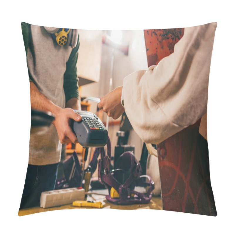 Personality  Cropped View Of Worker Holding Terminal And Woman Paying With Credit Card And Holding Snowboard In Repair Shop  Pillow Covers