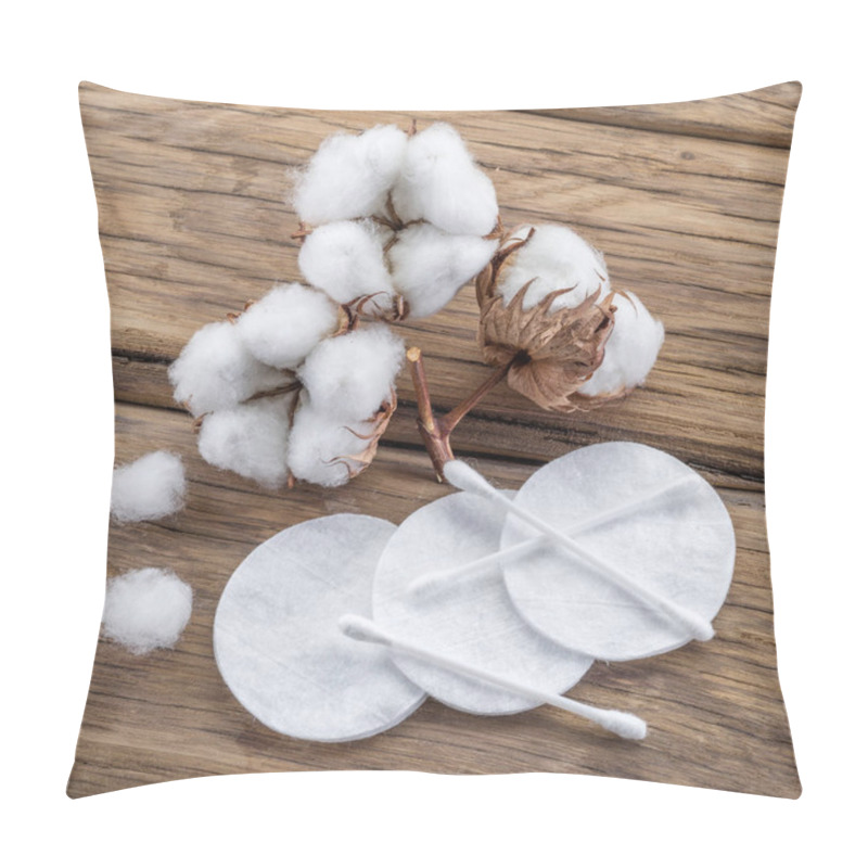 Personality  Fluffy Cotton Ball And Cotton Swabs And Pads On Wooden Table. Pillow Covers